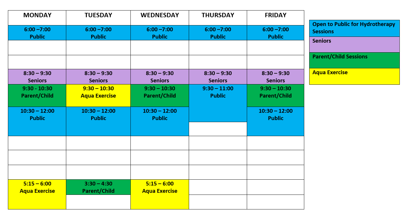 Updated Hydrotherapy Pool Timetable